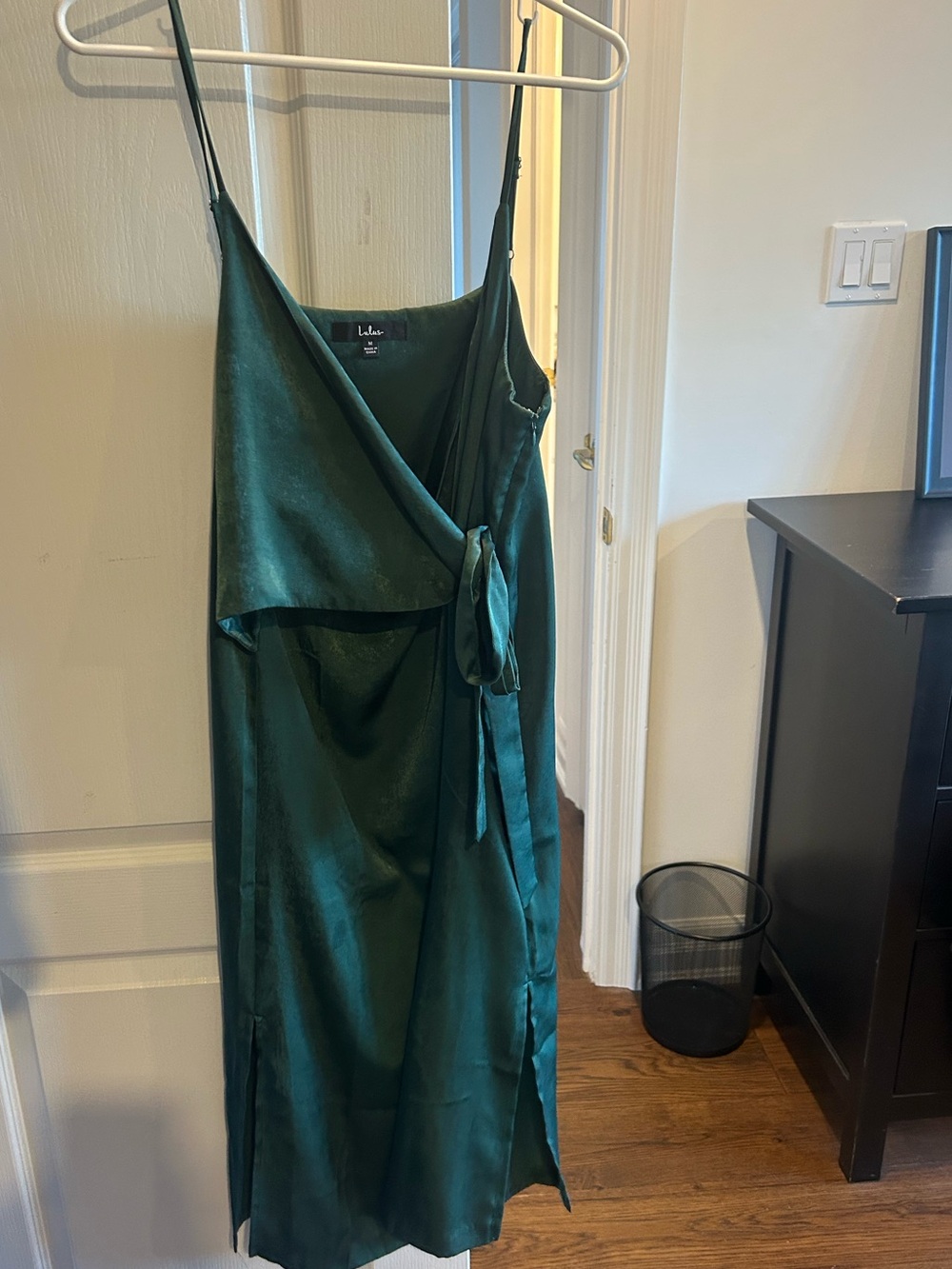 Lulu's Deep Green Satin Wrap Midi Dress